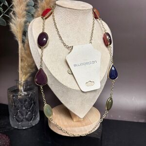 Liz Claiborne Multicolor Station Necklace | Long Gold Tone Chain 38 Inch